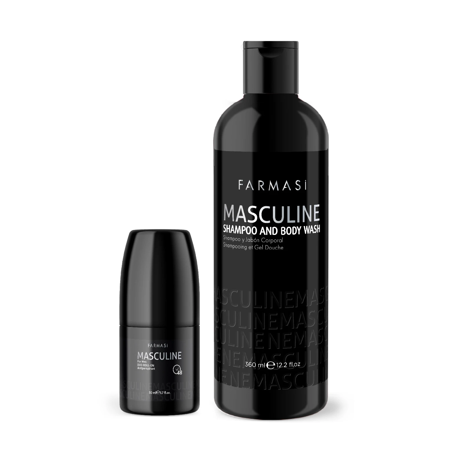 image of Masculine 2'si 1 Arada Saç ve Vücut Şampuanı​ 360 ml​ ve  Masculine Roll On​ 50 ml​ Set